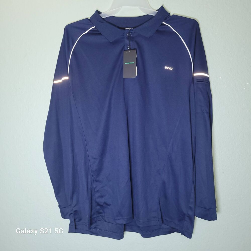 NWT BVVU Shirt Mens 2XL Navy Blue Polo Long Sleeve Reflective Accents Preppy